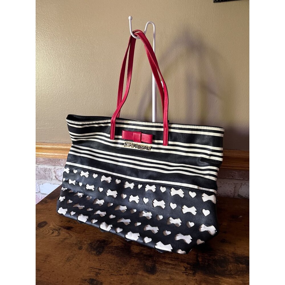 Betsey Johnson New York Black & White Striped Tote With Red Handles & Bow Accent